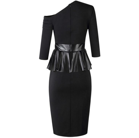Black Asymmetrical Shoulder Peplum Dresses - Picture 4 of 8